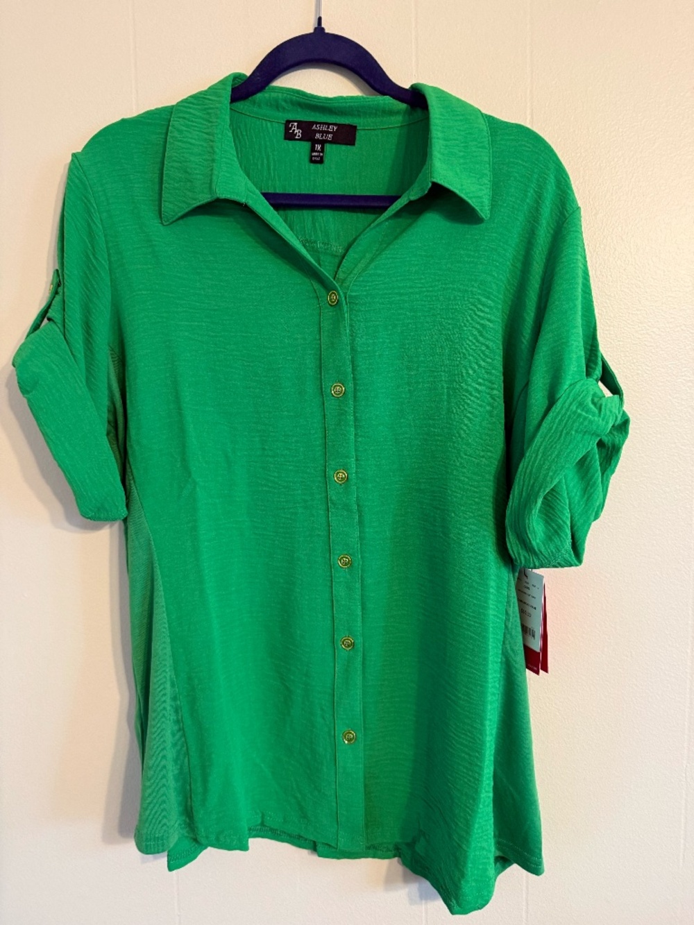 NWT Women's Ashley Blue Blouse, Size 1X, Color Green with Gold Buttons